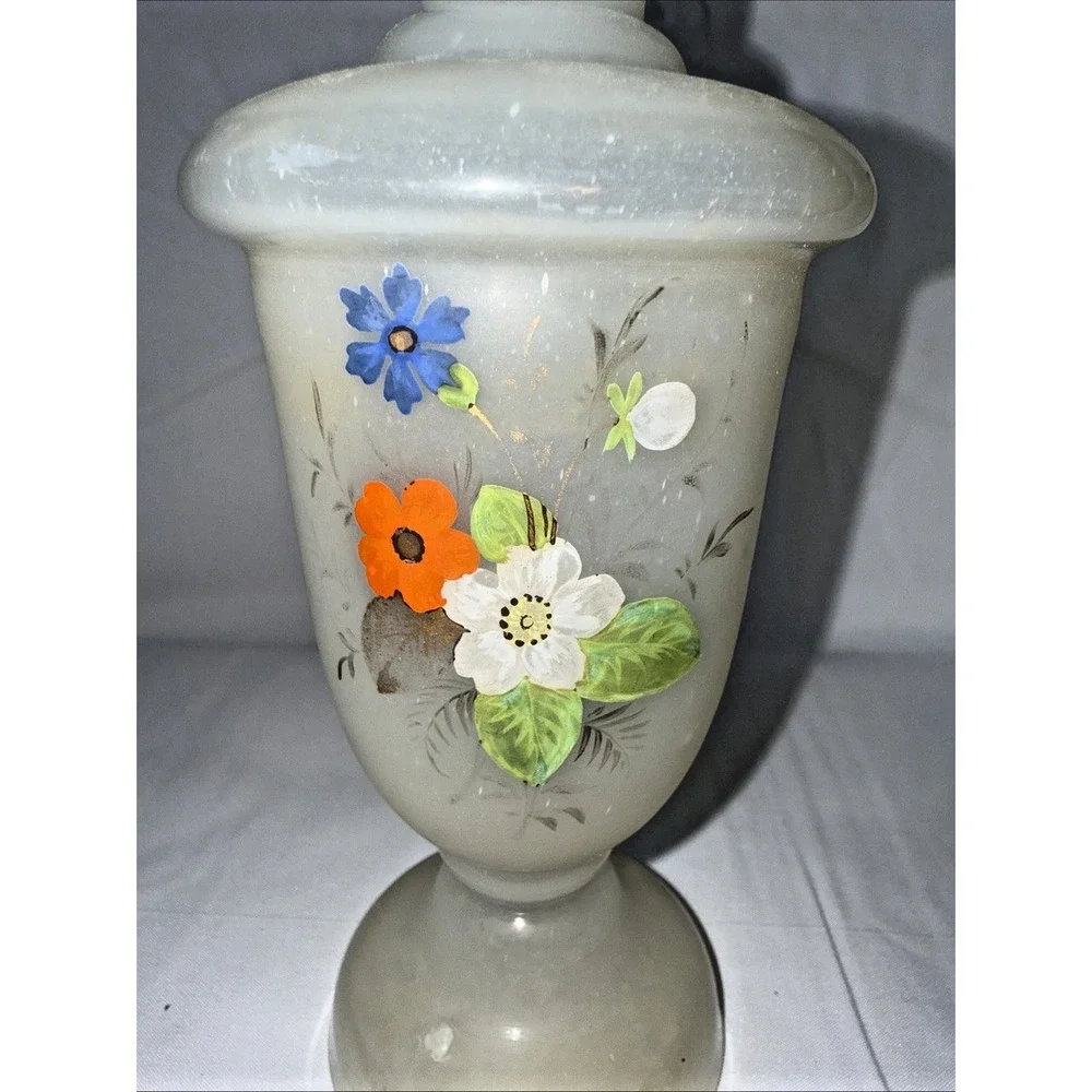 Antique Bristol Glass Decanter Hand Painted Floral White Glass with Stopper